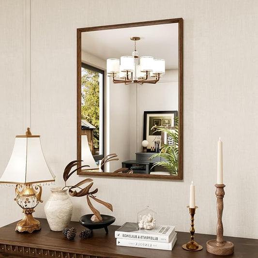 Rectangle Bathroom Mirror 22x30 Inch, Walnut Wood Grain Framed, Anti-Rust & 4mm Tempered Glass, Horizontal/Vertical Hanging Vanity Mirror for Bathroom & Bedroom