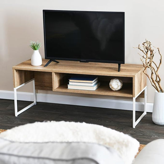 Household Essentials Wrap TV Stand with Rectangular Storage Compartment Coastal Oak Rustic Wood Grain and White Metal