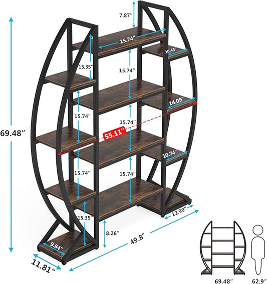 Tribesigns Oval Bookshelf, Triple Wide 5 Tier Etagere Bookcase, Industrial Display Shelves for Living Room (Brown, 55")