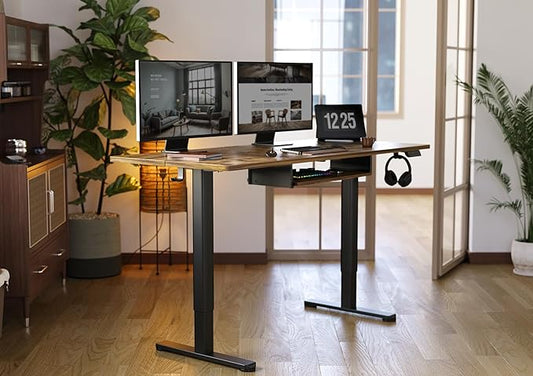 YDN Standing Desk with Keyboard Tray, 55 Inch Height Adjustable Desk, Brown Stand Up Desks for Home and Office, 55inch Rustic Brown