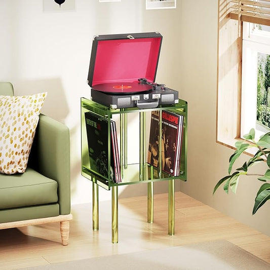 Acrylic Record Player Stand, with Vinyl Storage, Clear Acrylic Side Table, Pink (Green)