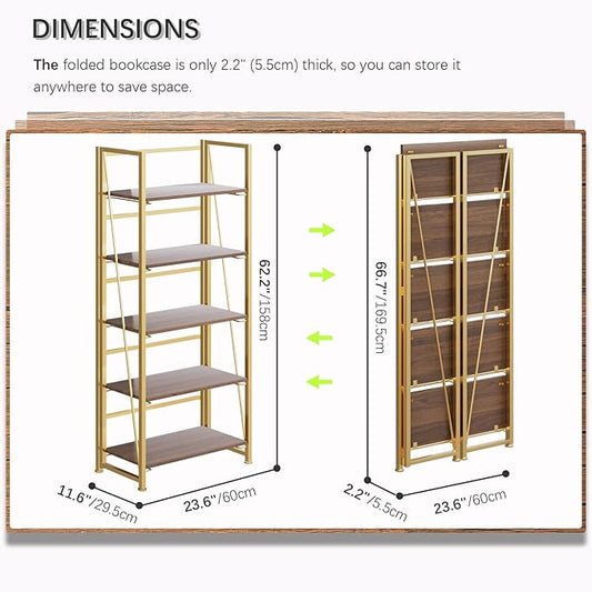 4NM No Assembly Folding Bookshelf, 5-Shelf 62.2" H Collapsible Foldable Bookcase Storage for Small Spaces, Brown and Golden