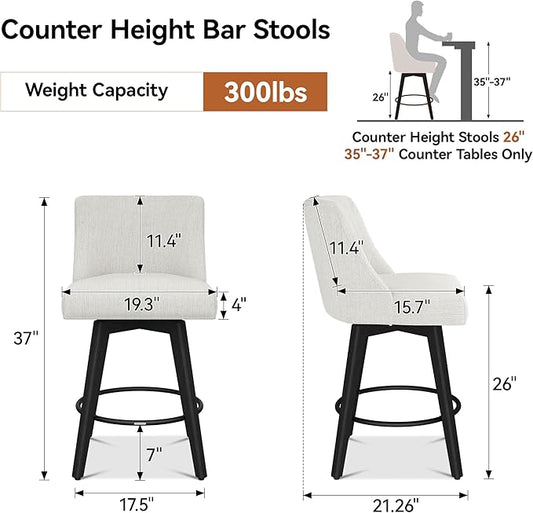 Counter Height Bar Stools Set of 6, Modern Swivel Barstools with Back and Wood Legs, Linen Fabric Upholstered Bar Chairs, 26" H Kitchen Counter Stools, Kitchen Island Home Bar, Ivory