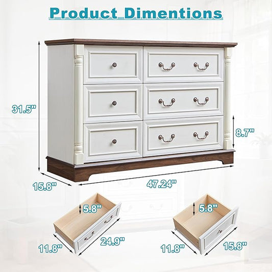 Farmhouse 6 Drawers Dresser for Bedroom, 47.24" Wide Wood Rustic Chest of Drawers with Roman Metal Handle, Tall Storage Dressers Organizer for Bedroom, Living Room, Hallway, Antique White
