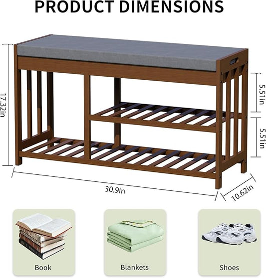 Shoe Rack Bench with Cushion,2 Tiers Shoe Bench with Flip-Top Storage,Wood Shoe Rack for Entryway, Hallway, Bedroom, Front Door Entrance (Brown)