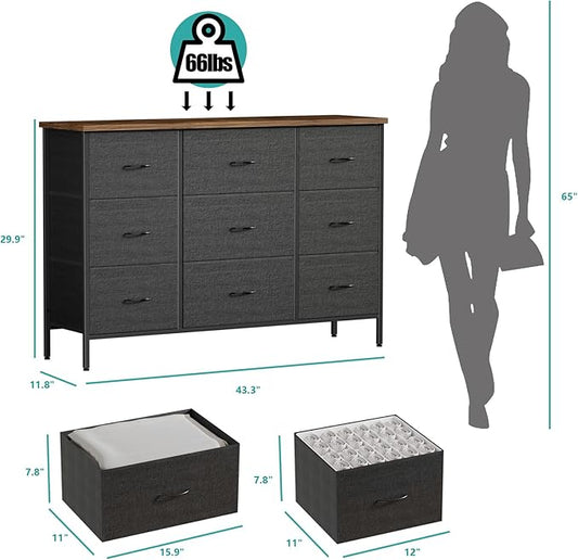 Wide TV Stand for Bedroom, Dresser with 9 Deep Drawers, Fabric Storage Cabinet, Modern Chest of Drawers for Closet, Nursery, Living Room(Black)