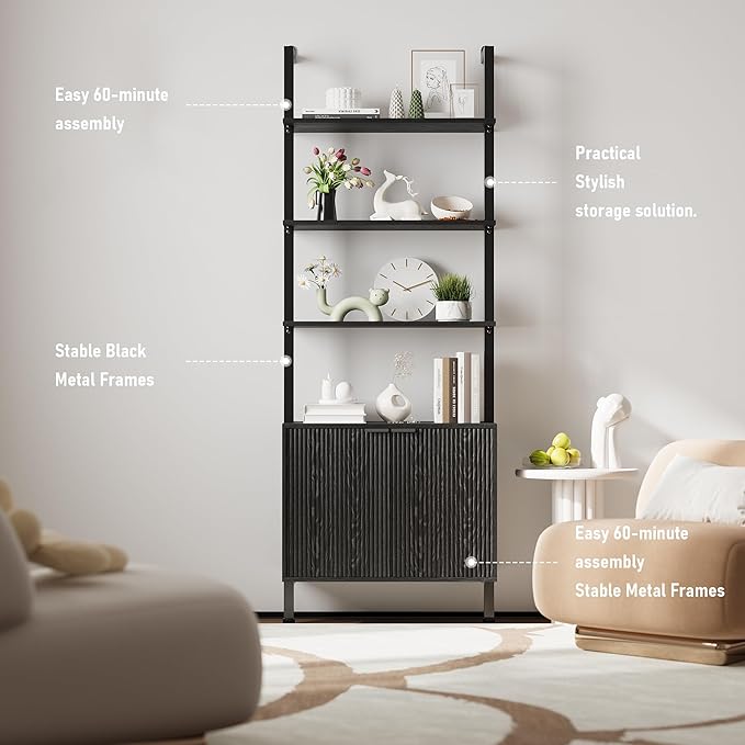 74" Tall Bookshelf with Storage Cabinet, Modern Ladder Shelf with Wood and Metal Frame, Wall Mount Bookcase Open Display Shelf Furniture for Living Room, Bedroom, Home Office,Black