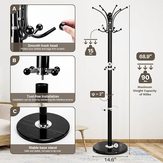 Coat Rack Freestanding with Marble Base, Heavy Duty Clothes Tree with Hooks and Umbrella Storage, Metal Hall Holder for Hanging Jacket, Hats, Scarf, Bag, Suitable for Entryway,Bedroom