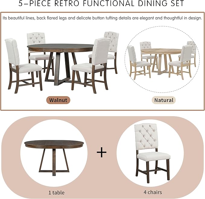 Ball & Cast 5 Piece Dining Table Set with 4 Upholstered Chairs,Living Room Furniture W/ 42" Table,Tabletop Can be Adjusted from Round to Oval in Shape,for Restaurant,Home Bistro,Walnut
