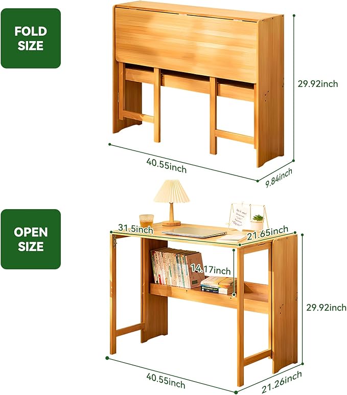 Bamboo Folding Desk Mid Century Modern Desk for Home Office Bedroom Small Spaces, Natural,40.55" Long Desktop