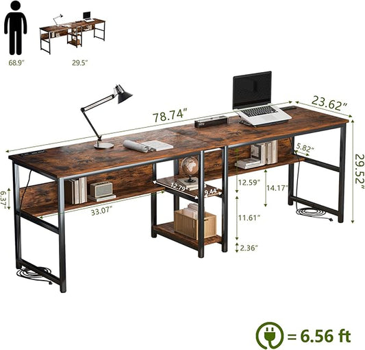 78.74" Two Person Desk with 2 Power Strips, Double Desk with Shelves, Long Computer Desk for Two People, Wood Writing Desk Workstation for Home Office, 23.62"D x 78.74"W x 29.52"H, Rustic Brown