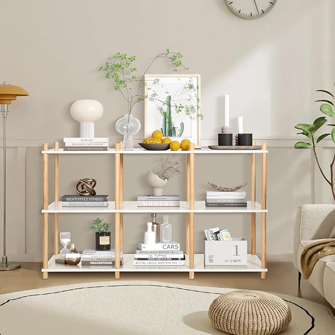 YGYQZ 3 Tier Short Book Shelf, Wood Shelves with Open Back Long Horizontal 6 Cube Storage Shelf Book Shelves for Office, Living Room, Bedroom, Rustic Shelf (White)