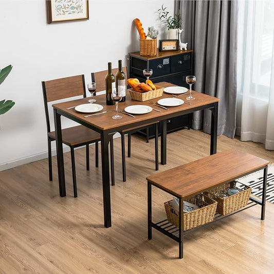 Giantex Dining Table Set for 4, 43" Kitchen Table and Chairs, Dining Bench with Metal Frame & Storage Rack, 4-Piece Modern Functional Desk Set for Dinette, Small Space, Apartment, Restaurant, Brown