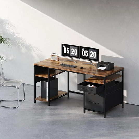 Maihail Maihail Home Office Desk with Drawers Adjustable Shelves, 59 inch Writing Desk with File Cabinet, Large Computer Desk with Storage, Rustic Brown