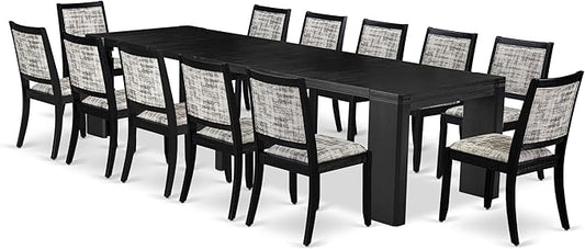 X12X2-006-30 - 13-piece Dining Room Table Set a Rectangular Kitchen Table and 12 Wire Brushed Black Polyester Fabric Stackable Chair, 39x120 Inch, Wire Brushed Black