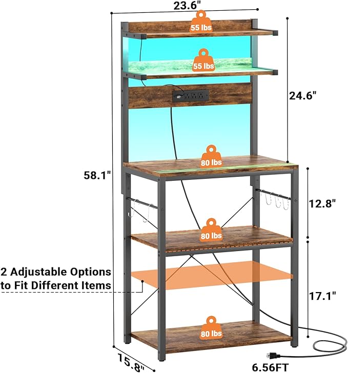 Aheaplus Bakers Rack with Power Outlet, Microwave Stand, 5 Tiers Coffee Bar Station with Led Lights, Kitchen Storage Shelf with 6 S-Shaped Hooks, Kitchen Rack for Spices, Pots and Pans, Rustic Brown