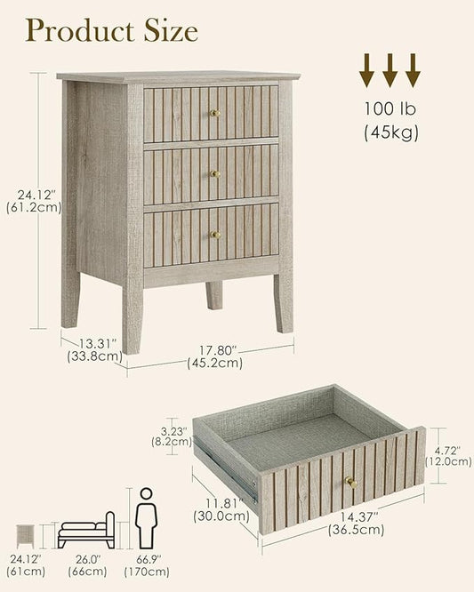 Night Stand, Fluted Nightstand Bedside Tall Farmhouse Nightstand with 3 Drawers, Mid Century Modern Side Accent Table,Bedside End Table for Bedroom, Living Room, Beige