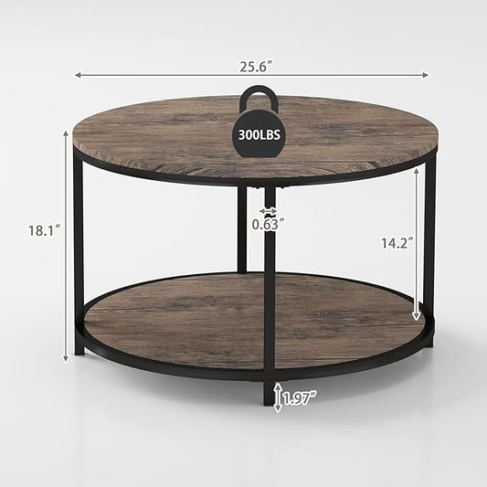 NSdirect Round Coffee Table, 25.6" Small Coffee Table for Living Room,2-Tier Rustic Wood Desktop with Storage Shelf Modern Design Home Furniture(Light Walnut)