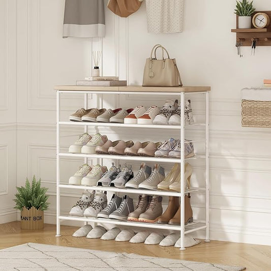 Shoe Rack Organizer 5 Tier for Closet Entryway Free Standing Metal Storage Shoe Shelf with MDF Top Board,White+Oak