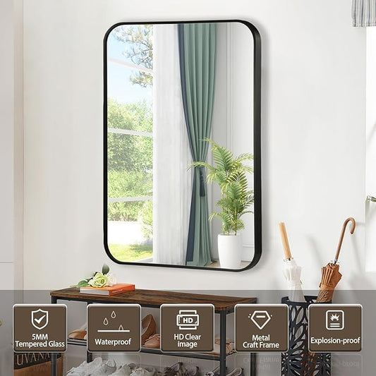 Black Bathroom Mirror, 26x38 Inch Matte Black Mirror, Aluminum Alloy Framed Vanity Mirror, Rounded Rectangle Mirror for Over Sink, Anti-Rust Wall Mirror (Horizontally or Vertically)