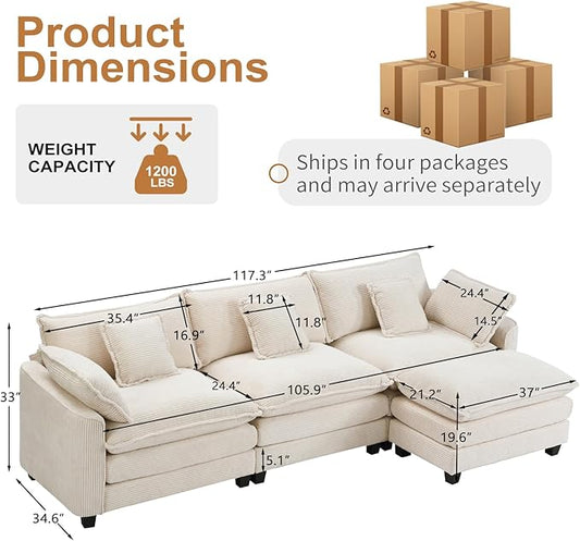Furniliving 117‘’ L-Shaped Sofa, Luxury Corduroy Modular Sectional Couches with Ottoman, Upholstered Deep Seat Sleeper Sofa with Memory Foam and Waist Pillows, Beige