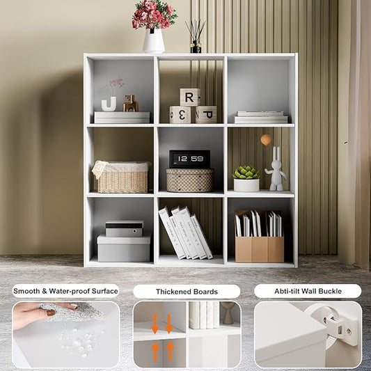 Sweetcrispy 9 Cube Storage Organizer - Open Cube Bookshelf with 5 Removable Back Panels, Display Storage Bookcase for Living Room, Bedroom, Entrance Hall, Home Office,36" L×11.6" W×36" H, White
