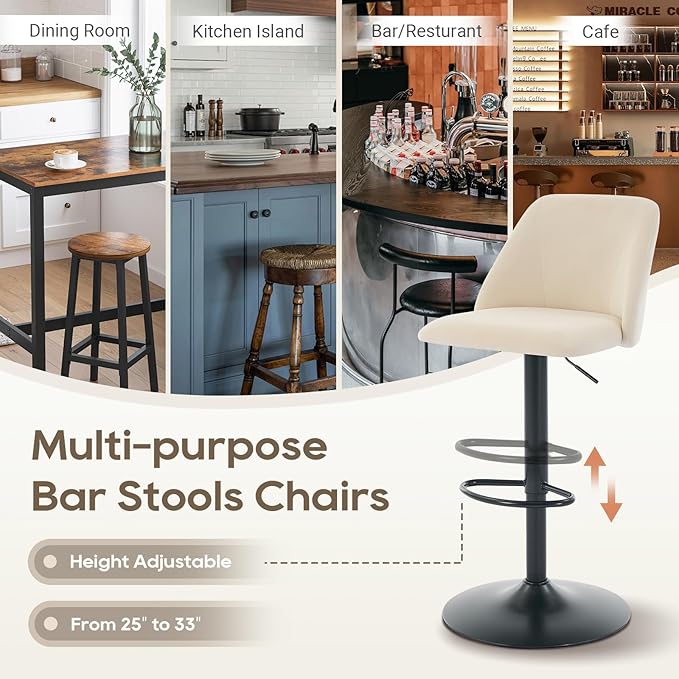 COLAMY Bar Stools Set of 6, Modern Swivel Bar Chairs, Adjustable Upholstered Barstools Counter Height with Full Backrest for Bar, Dining Room, Kitchen Island, Beige