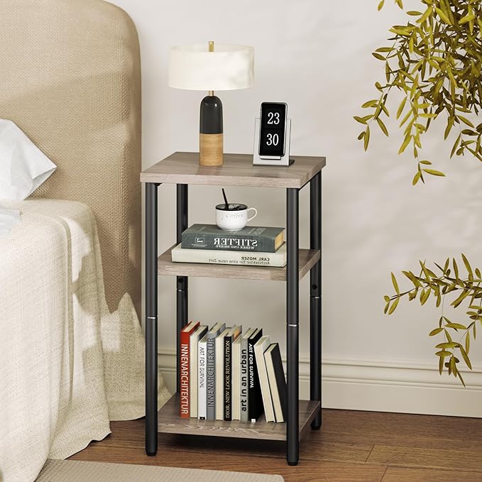 DUMOS End Table, 3 Tier Side Sofa Tables for Small Space, Storage Shelf, Nightstand with Adjustable Feet for Living Room, Bedroom, Office, Set of 1, Oak Grey