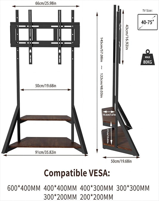 unho Floor TV Stand with Mount, for 40 45 55 65 75 inch Corner tv Stand with Wheels Adjustable Height Bracket Heavy Duty 2 Wooden Shelves Base VESA 600x400mm Max Load Bearing 176 pounds
