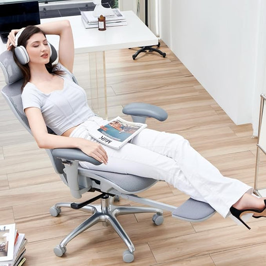 COLAMY Ergonomic Mesh Office Chair with Footrest, Executive High Back Computer Desk Chair with Wide Headrest and Adjustable 3D Arms, Backrest Height, Tilt Lock and Lumbar Support, Grey