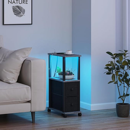 TUTOTAK Small Narrow End Tables, LED Side Tables with 2 Fabric Drawers, Set of 2, Bedside Tables with Charging Station for Small Spaces, Slim Nightstands with USB Ports and Wheels, TB01BY053L