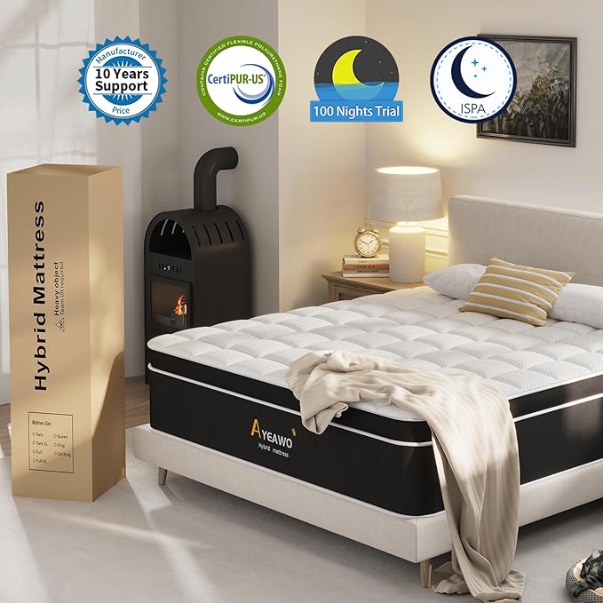 Queen Mattress, 10 Inch Hybrid Queen Bed Mattress with Gel Memory Foam and Pocketed Springs, Bed in a Box, Pressure Relief and Motion Isolation, Breathable & Comfort Feel, CertiPUR-US
