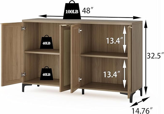Sideboard - Buffet Cabinet with Storage, Rattan Storage with 4 Doors and Adjustable Shelves, Accent with Metal Feet, Sideboard Cabinet for Living Room (Natural)