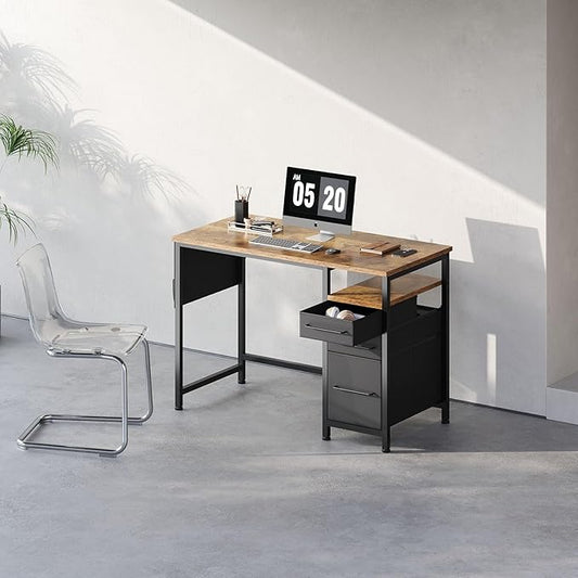 Maihail Maihail Small Desk with Drawers, 40 inch Computer Desk with Shelves, Writing Desk with Storage, Small Office Desk with Metal Frame, Rustic Brown