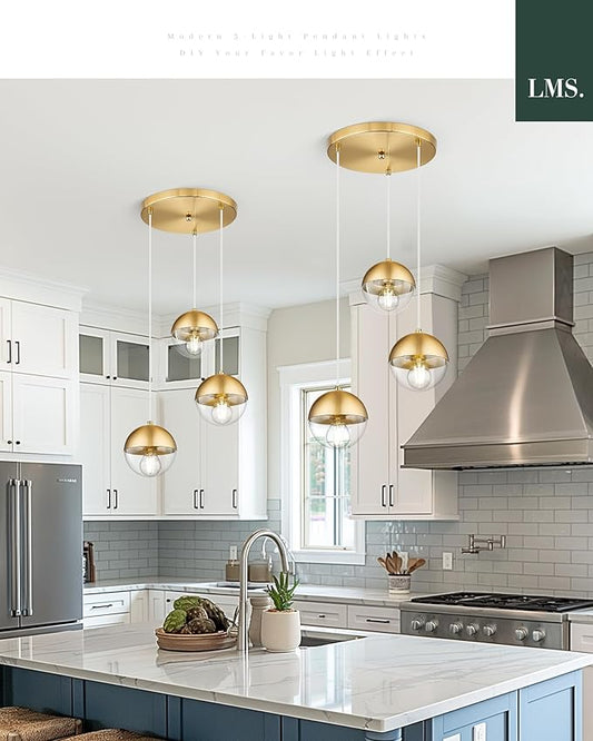 LMS Brushed Gold 3-Light Cluster Pendant Lights, Modern Dining Room Light Fixtures Over Table with Clear Globe Glass, Adjustable Hanging Cord Ceiling Light for Dining Room Kitchen Island, LMS-186BGC3