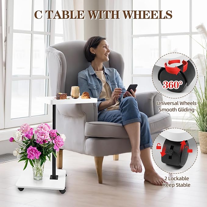 C Table Side Table End Table Adjustable Height,C Shaped End for Couch,Snack Tables,360°Swivel TV Tray Sofa Table, For Small Spaces,Side Tables living room and bedroom for Sofa, Bed,Chair(White)
