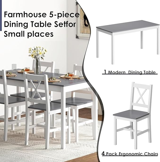 sogesfurniture 42.5''Dining Table Set for 4,Dinette Set for 4 Small Space,5 Pieces Dining Table for Kitchen, Dining Room, Pine Wood,Grey&White