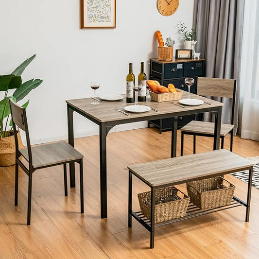 Giantex Dining Table Set for 4, Kitchen Table with Bench and Chairs, Industrial Gathering Bench Dining Set W/Metal Frame & Storage Rack, Dinette Set, Modern Functional Desk Set (Black Oak)