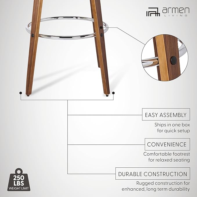 Armen Living Sonia 26" Counter Height Swivel Brown Faux Leather and Walnut Wood Bar Stool - Set of 2
