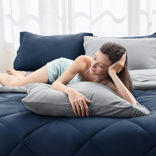 HEVUMYI King Comforter Set - 7-Piece All Season Bed in a Bag King, Ultra Soft Bedding Set with Comforter, Flat Sheet, Fitted Sheet, Pillowcases, Pillow Shams, Navy Blue & Light Grey