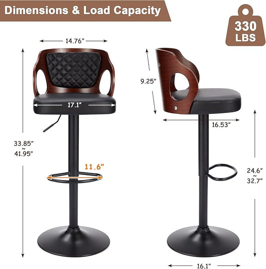 VECELO BarStools Set of 2,Counter Height Stools with Bentwood Back&Arm, Swivel Barstools,PU Leather Kitchen Island Stools, Adjustable Height Bar Chairs for Club Pub Dining Room,Black