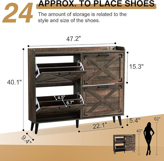 Shoe Storage Cabinet,Farmhouse Shoe Organizer with 4 Flip Drawers & Barn Door Design,Freestanding Hidden Slim Narrow Shoe Rack Cabinet for Entryway,Foyer,Hallway,Rustic Brown