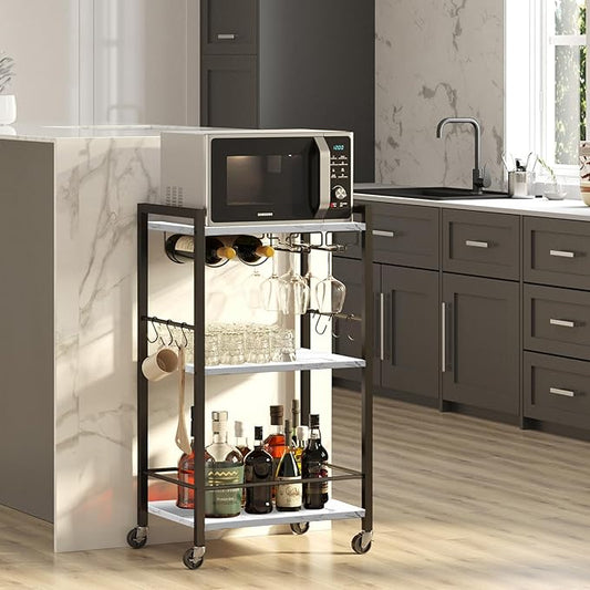 TUTOTAK Bar Cart, Home Bar Serving Cart, Small Wine Cart with 3-Tier Shelf, Beverage cart, Drink Cart with Wine Rack and Glass Holder, Rolling bar carts for Home, Living Room, Marble White BC01BM035