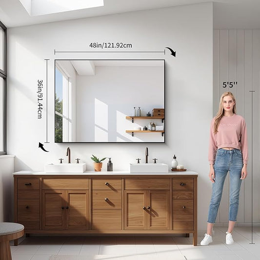 YIROMAN Bathroom Mirror 48"x36", Large Brushed Silver Bathroom Mirror for Over Sink with Aluminum Frame, Rectangular Vanity Mirror with Right Angle, Wall Mirror Hangs Horizontal or Vertical