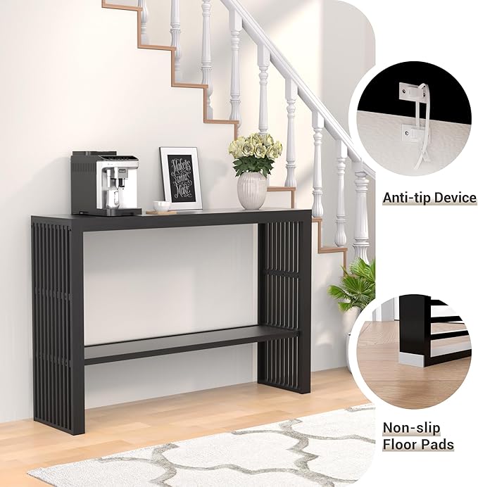 Bamboo Wood Console Table 47.2" Entryway Table, 2-Tier Farmhouse Narrow Sofa Table w/Storage Shelf, Couch Table Behind Sofa Easy Assembly for Entrance, Hallway, Living Room, Foyer(Black)