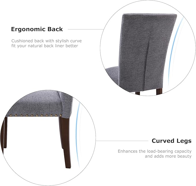 COLAMY Upholstered Parsons Dining Chairs Set of 4, Fabric Dining Room Kitchen Side Chair with Nailhead Trim and Wood Legs - Dark Grey