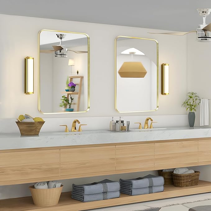 Wall Mount Mirror for Bathroom, Brushed Gold Metal Framed Rounded Corner Rectangular Vanity Mirror, Tempered Glass (28" x 36", Gold)