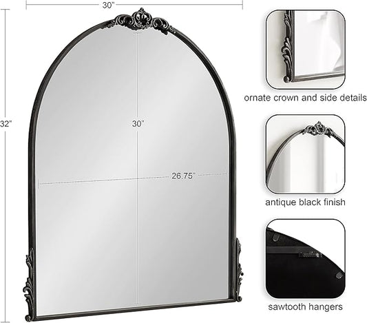 Kate and Laurel Myrcelle Traditional Arched Mirror; 30 x 32; Black; Decorative Large Arch Mirror with Ornate Garland Detailing Along The Crown and Edges of The Frame