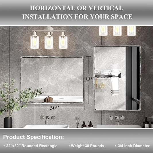ANDY STAR Hand-Forged Silver Bathroom Mirrors for Wall, 22x30 Inch Vintage Solid Steel Metal Frame Bathroom Vanity Mirror, Antique Rounded Rectangle Wall Mirror, Hangs Horizontally or Vertically
