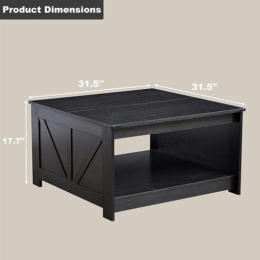 Farmhouse Coffee Table for Living Room, Wood Square Coffee Tables, 31.5" W x 31.5" D, Black